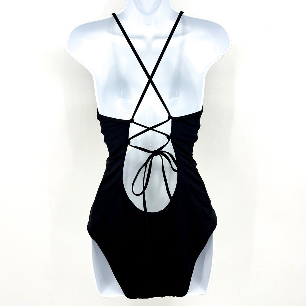 BECCA Colette Clare Plunge One Piece Swimsuit Large Black Crochet Flower NWT