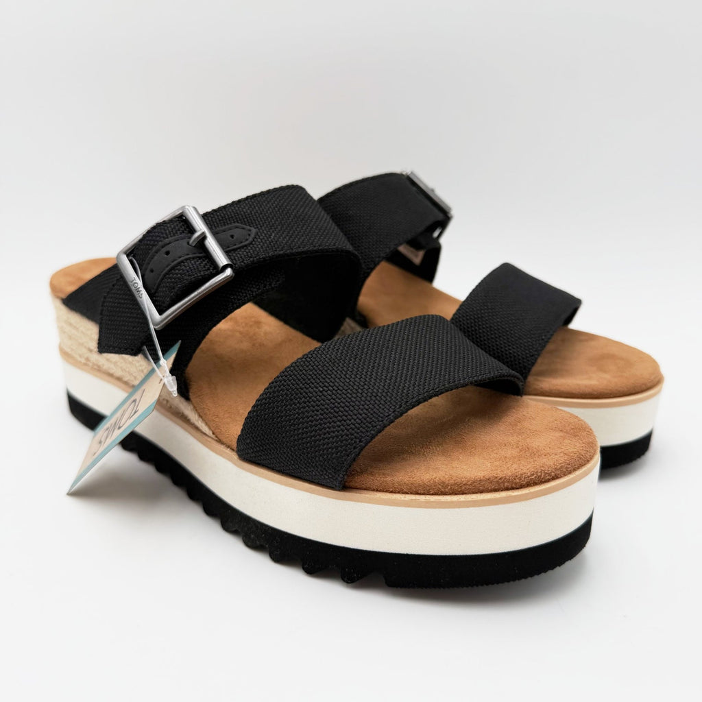 TOMS Womens Diana Mule Buckle Wedge Sandals Size 8 EU 38.5 Black Canvas NIB