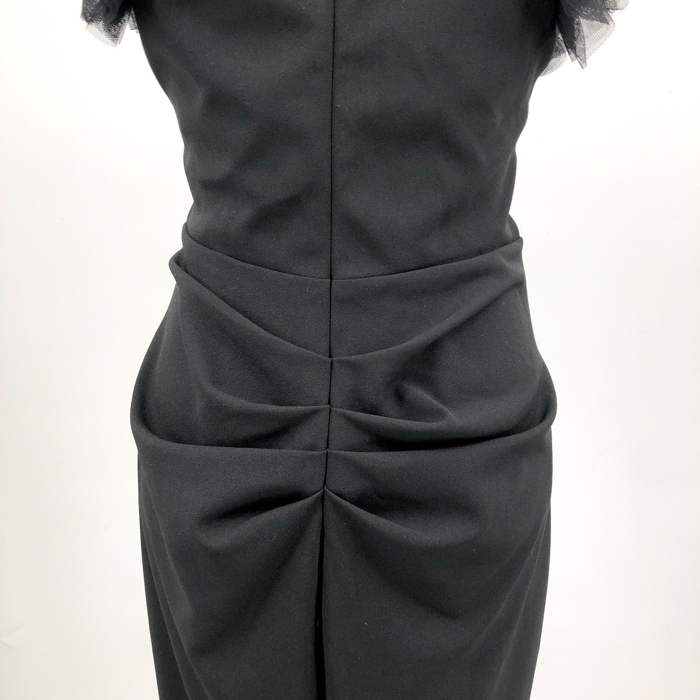 AQUA FORMAL Women's Long Scuba Crepe Dress Size 10 Black Ruffle Shoulder NWT
