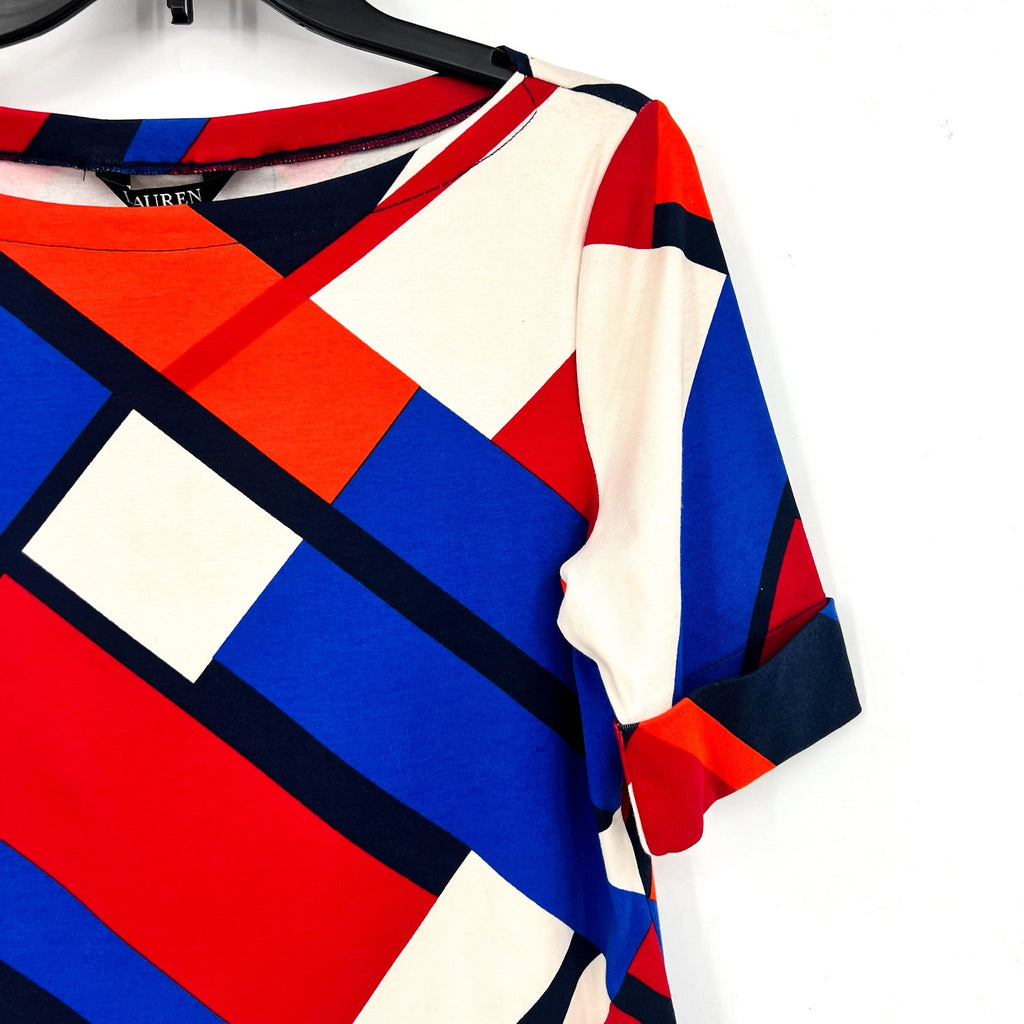 LAUREN RALPH LAUREN Judy Top Large Blue Red Geometric Mid-Sleeve NWT
