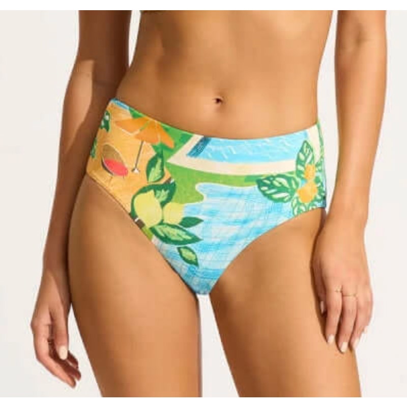 SEAFOLLY Womens Sunset Bikini Bottom Size 8 Turquoise Print High Waist Pant NWT