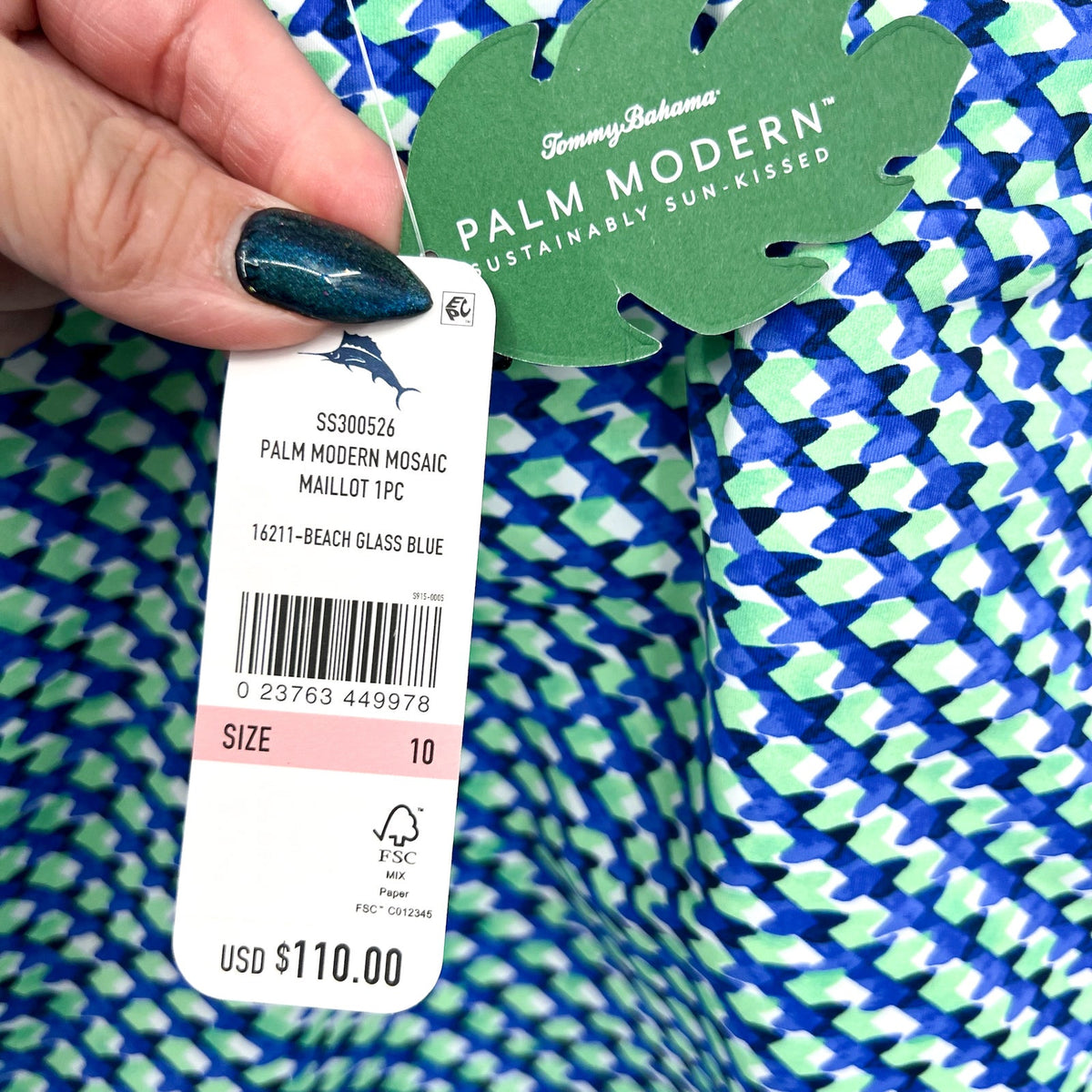 TOMMY BAHAMA Palm Modern Mosaic Pool One-Piece Swimsuit Size 10 Beach Blue NWT