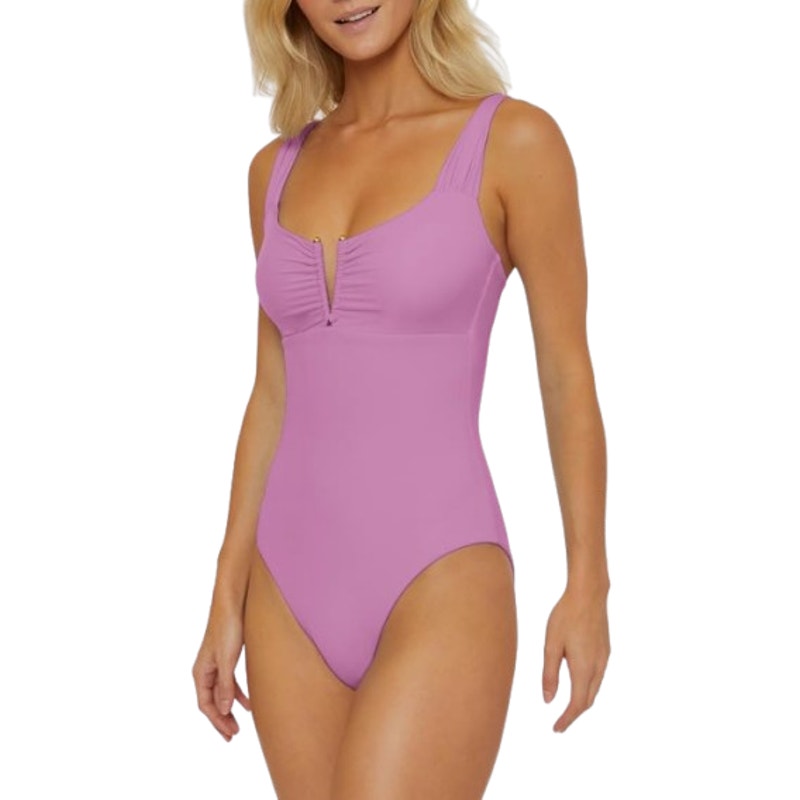 BECCA Women's Color Code V-Wire One Piece Swimsuit Large Malva Purple NWT