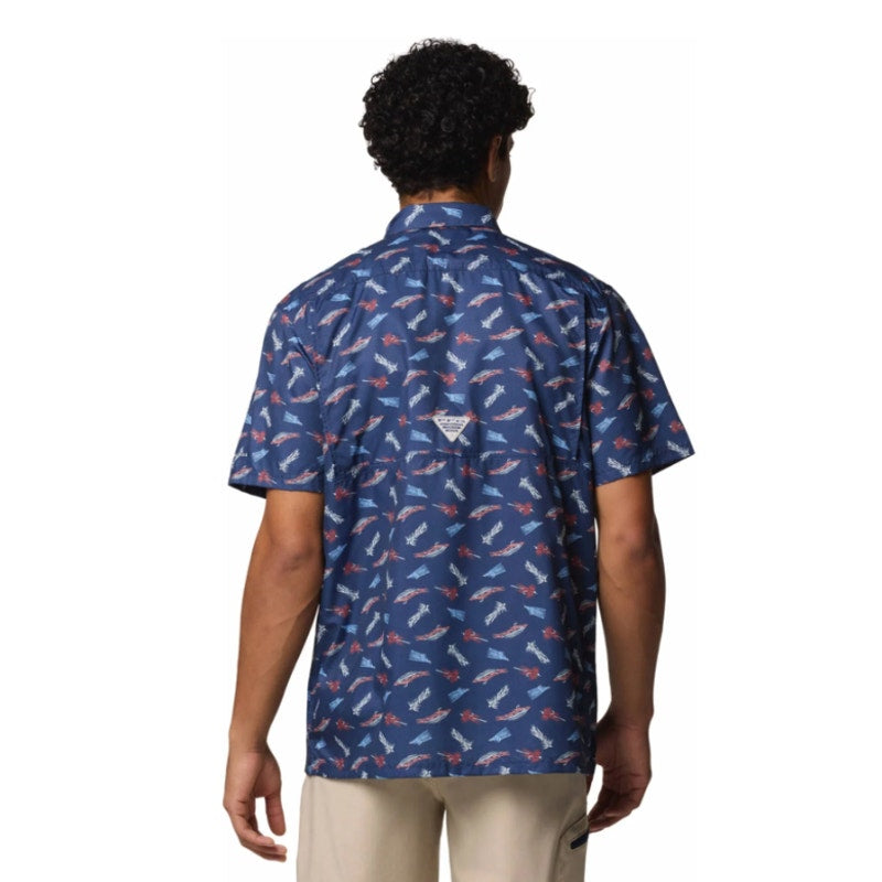 COLUMBIA Men's Super Slack Tide Camp Shirt Small Blue Norturnal Print UPF 40 NWT