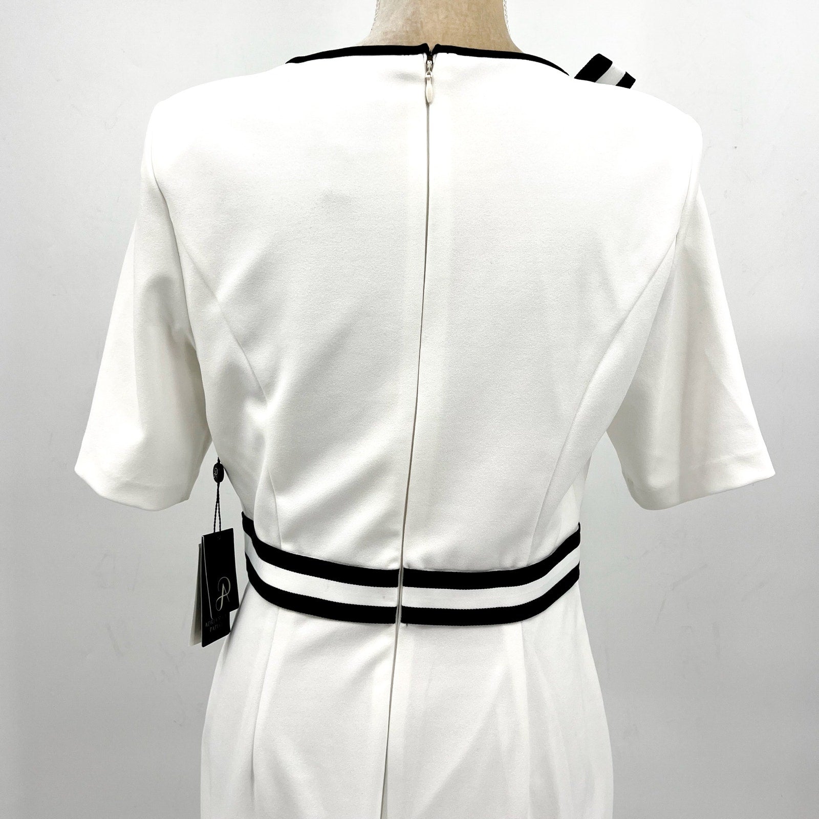 ADRIANNA PAPELL Women's Crepe Ribbon Dress Size 10 Ivory Black Knee Length NWT