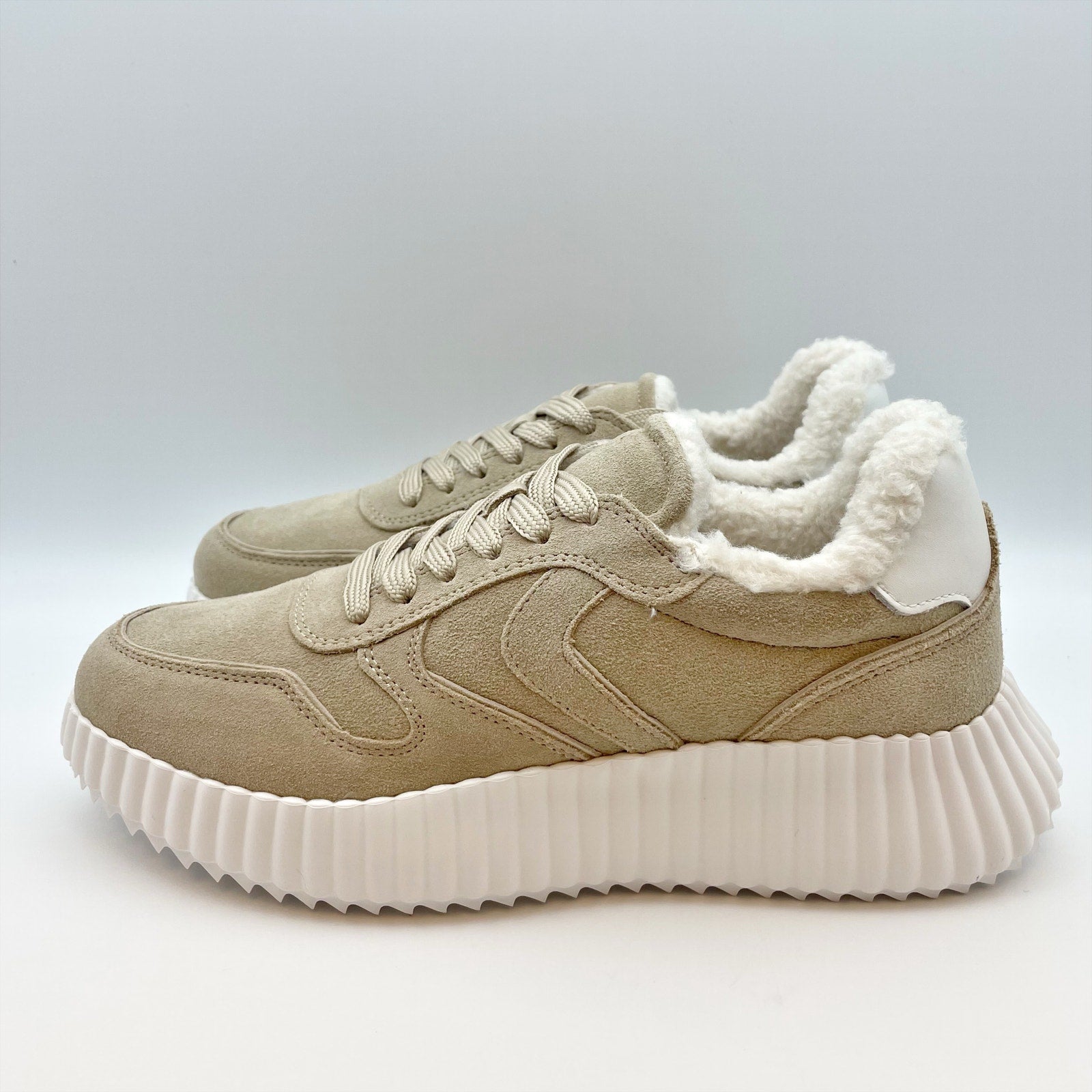 Steve Madden Womens Shereen-Fur Lined Sneakers US 8 M EU 38 Taupe Grey Suede NIB