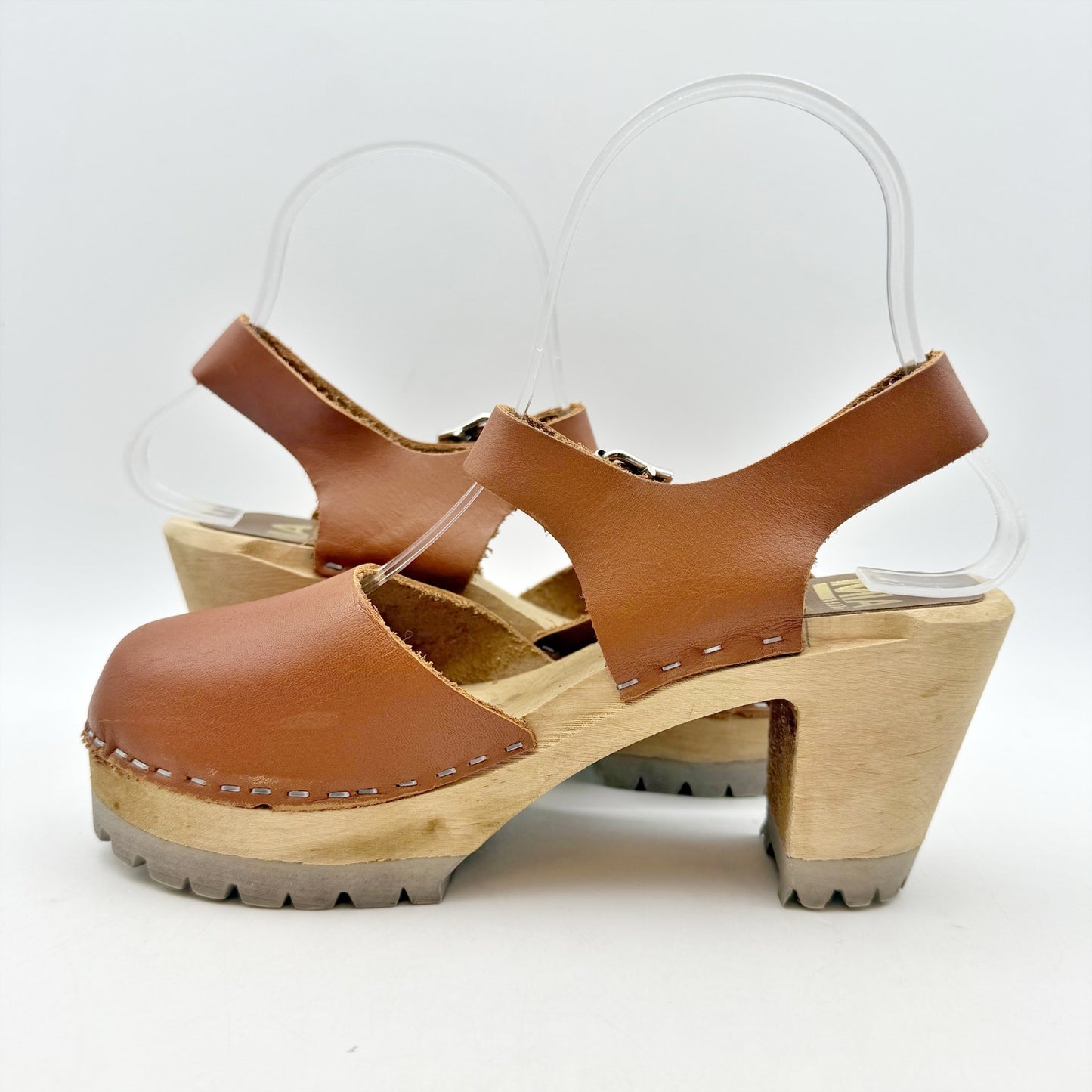 MIA Womens Abba Clogs EU 36 US 6 Luggage Brown Leather Wooden Heel NWOB
