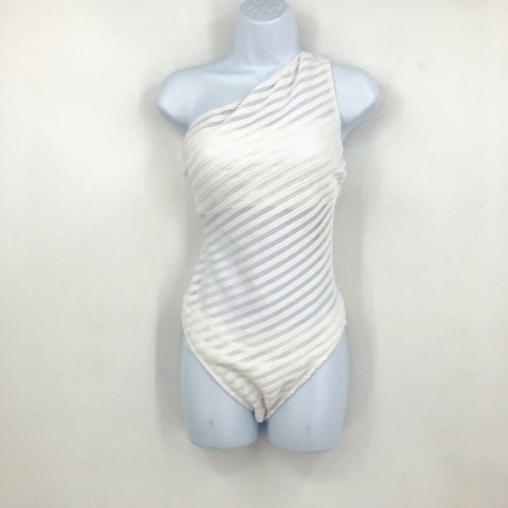 LAUREN RALPH LAUREN Ottoman Mesh One Shoulder One-Piece Swimsuit Sz 10 WhIte NWT