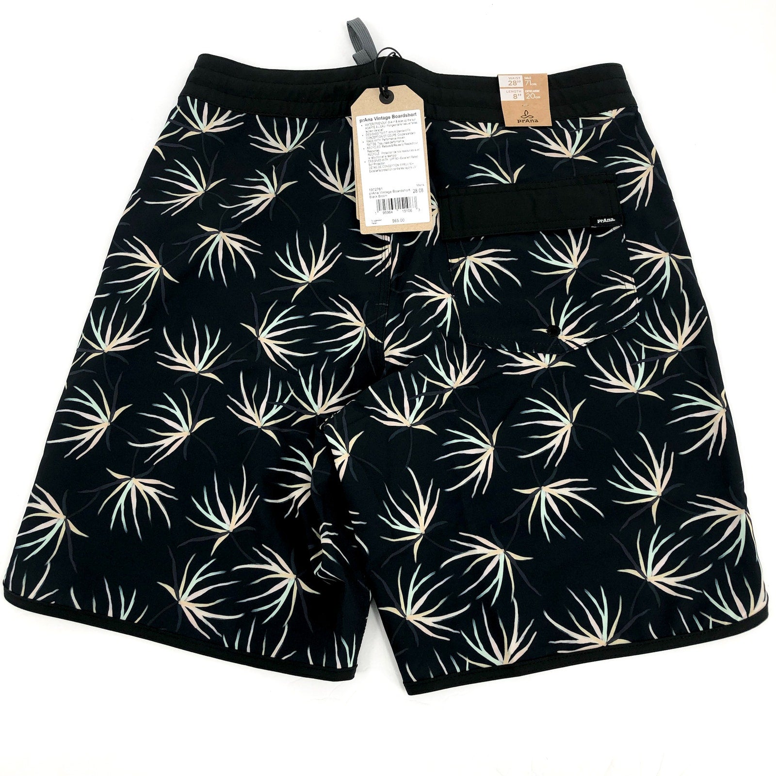 PRANA Men's Vintage Boardshort Size 28 Black Bloom 8" Inseam Drawstring NWT