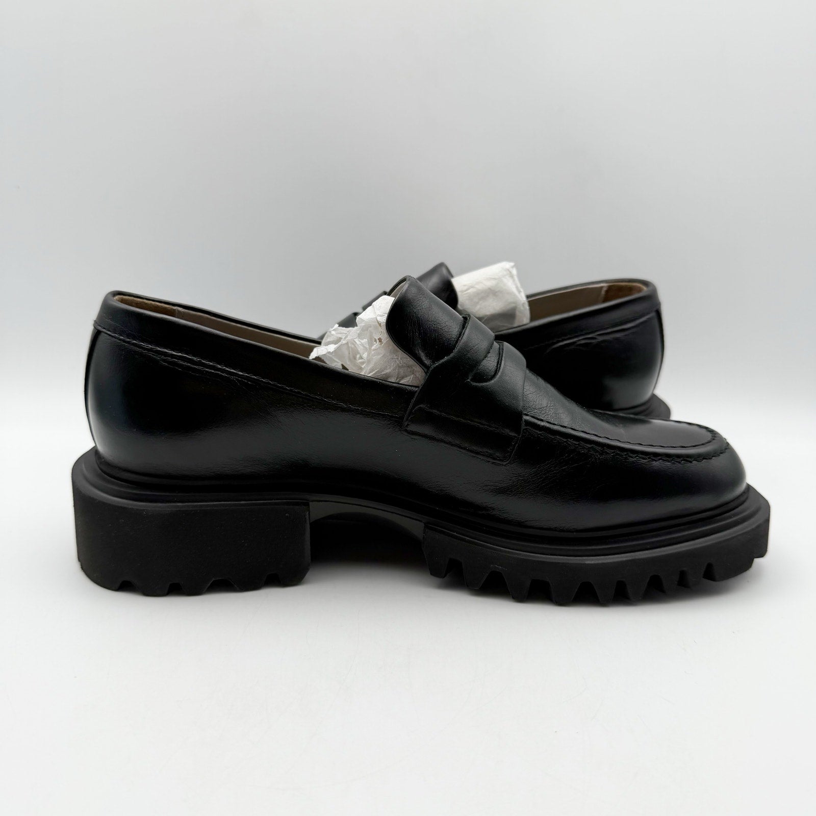 Allsaints Womens Lola Loafers Size 7 EU 37 Black Leather Chunky Lug Sole NWOB