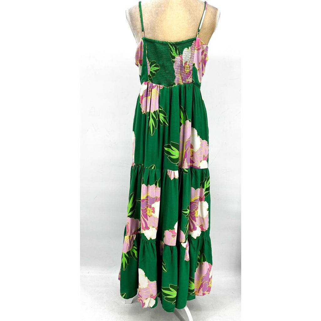 CECE Floral Tiered Maxi Dress Medium Green Peony Blossom Ruffle-Front NWT