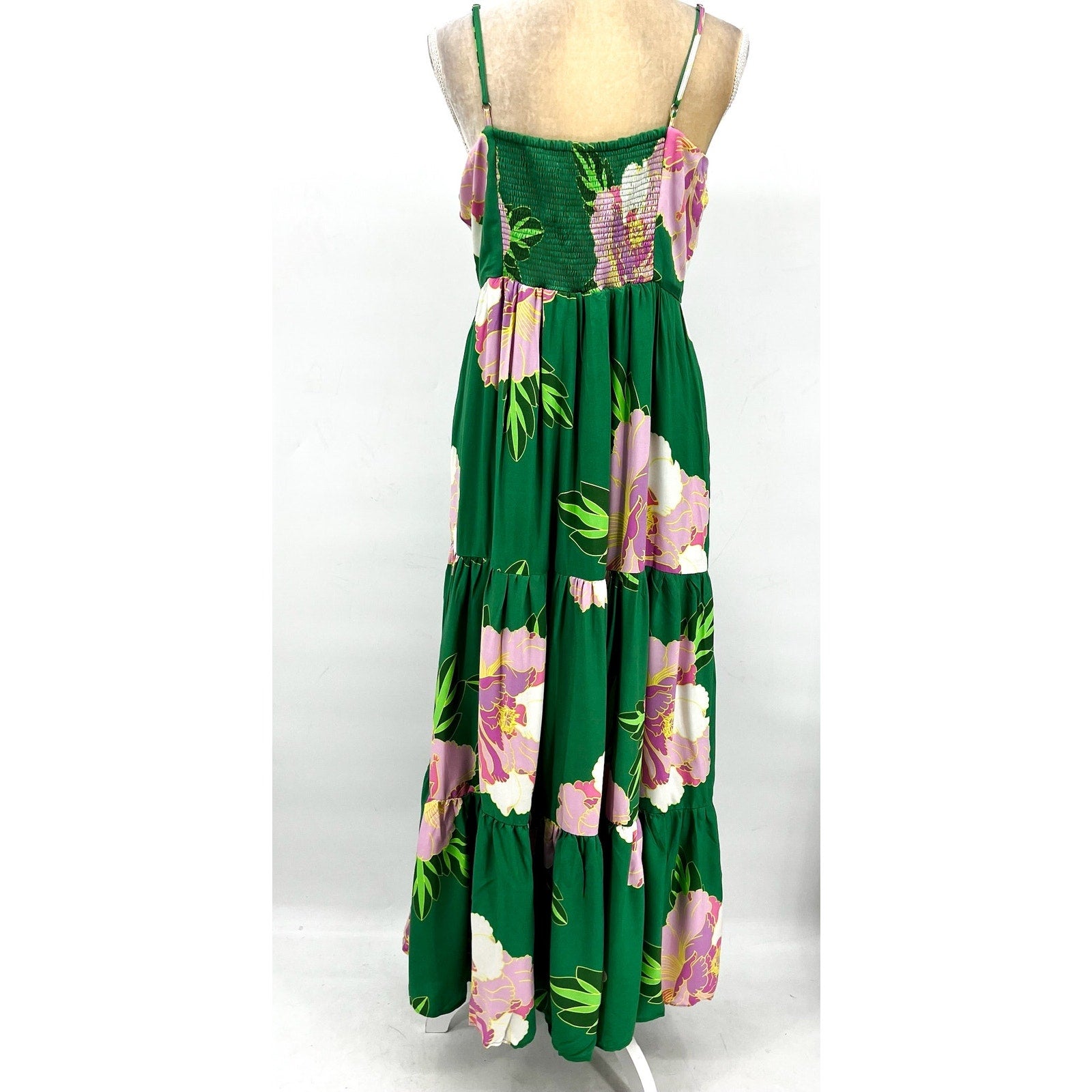 CECE Floral Tiered Maxi Dress Medium Green Peony Blossom Ruffle-Front NWT