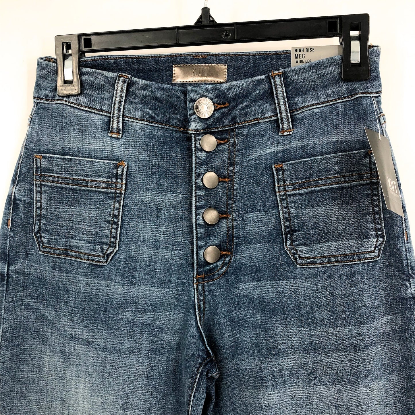 KUT FROM THE KLOTH Meg Wide Leg Jeans 00 Petite Blue Exposed Button NWT