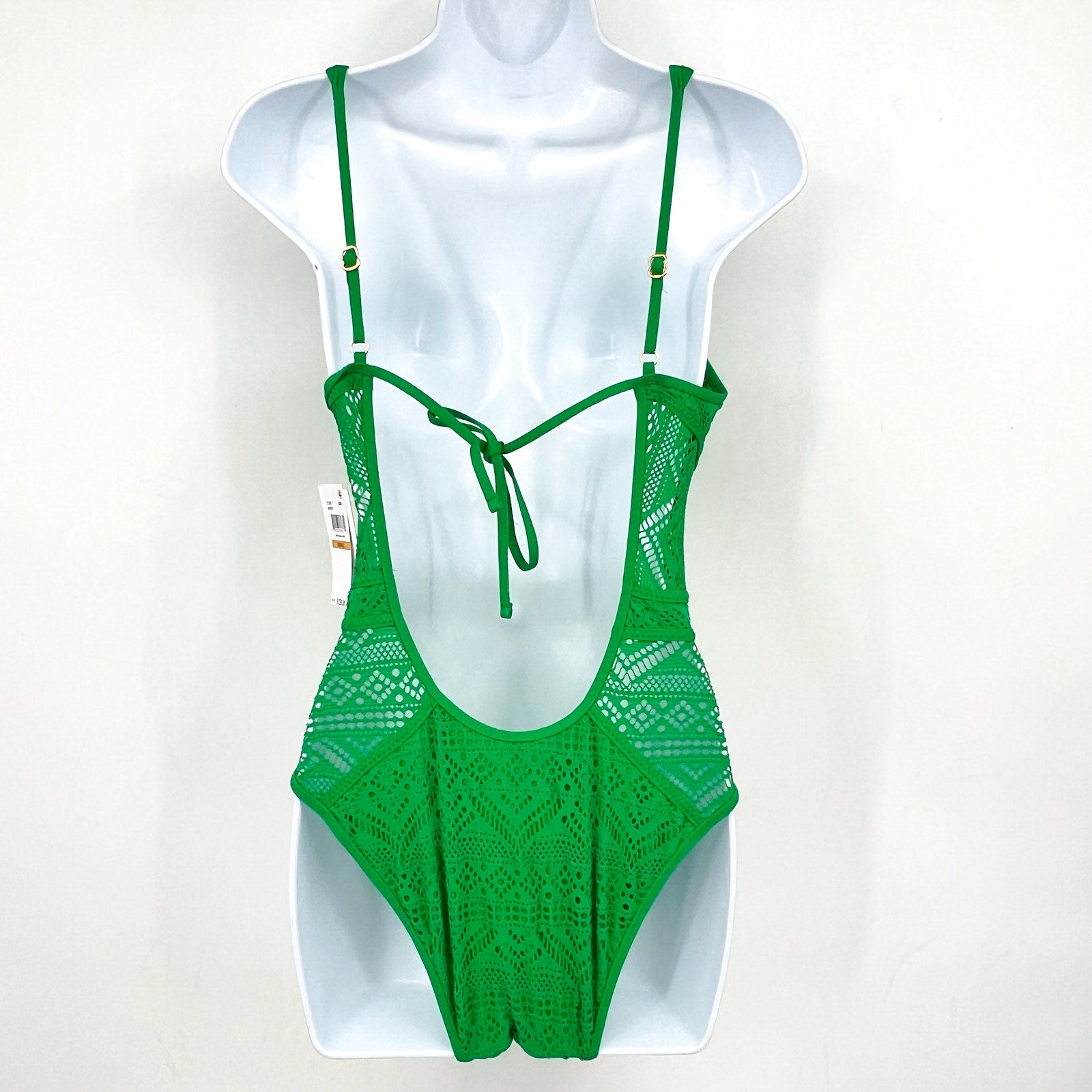 BECCA Women's Crochet Plunge One Piece Swimsuit XS Emerald Green Color Play NWT