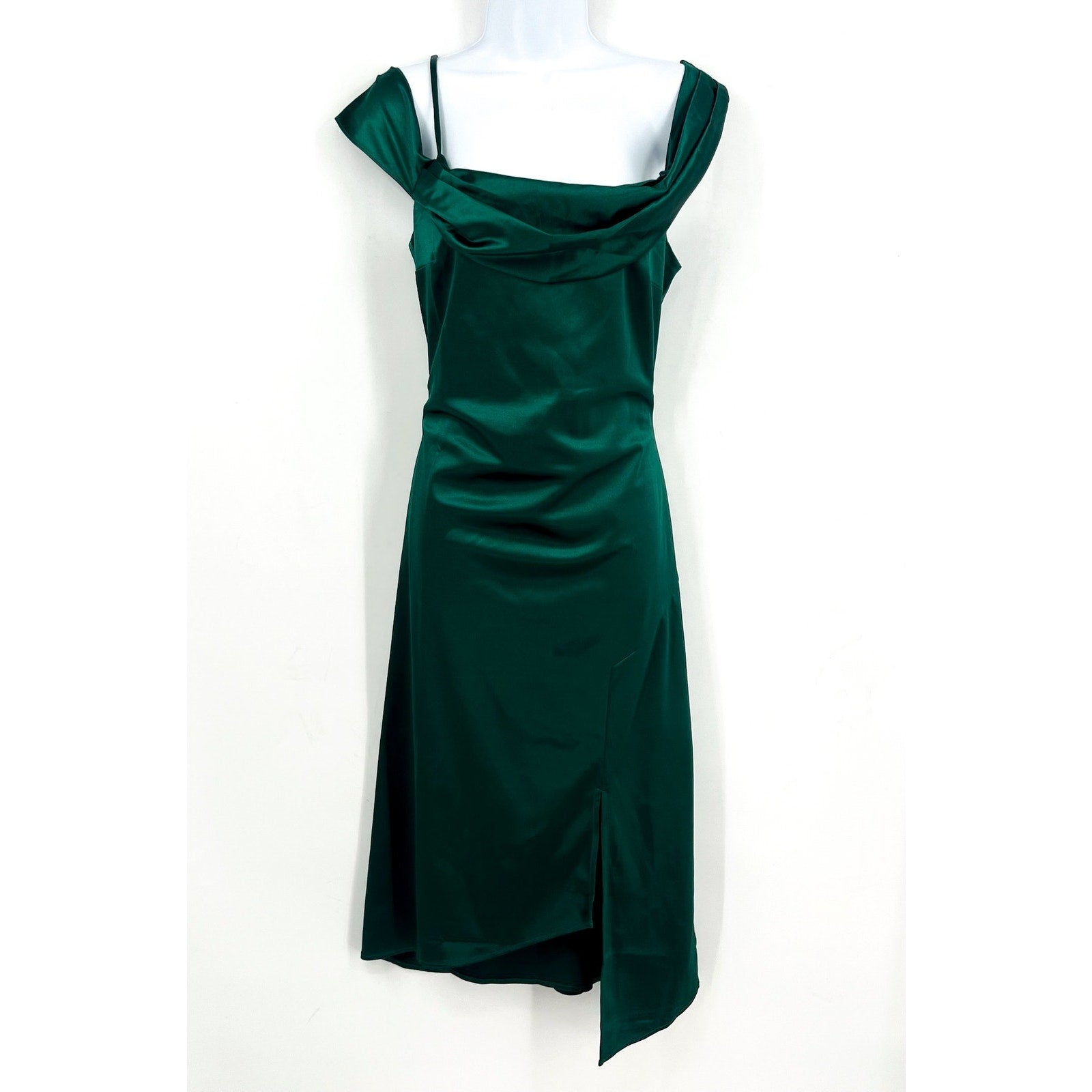 THE GENERAL GOOD Womens Off-Shoulder Satin Midi Dress Medium Forest Green NWOT