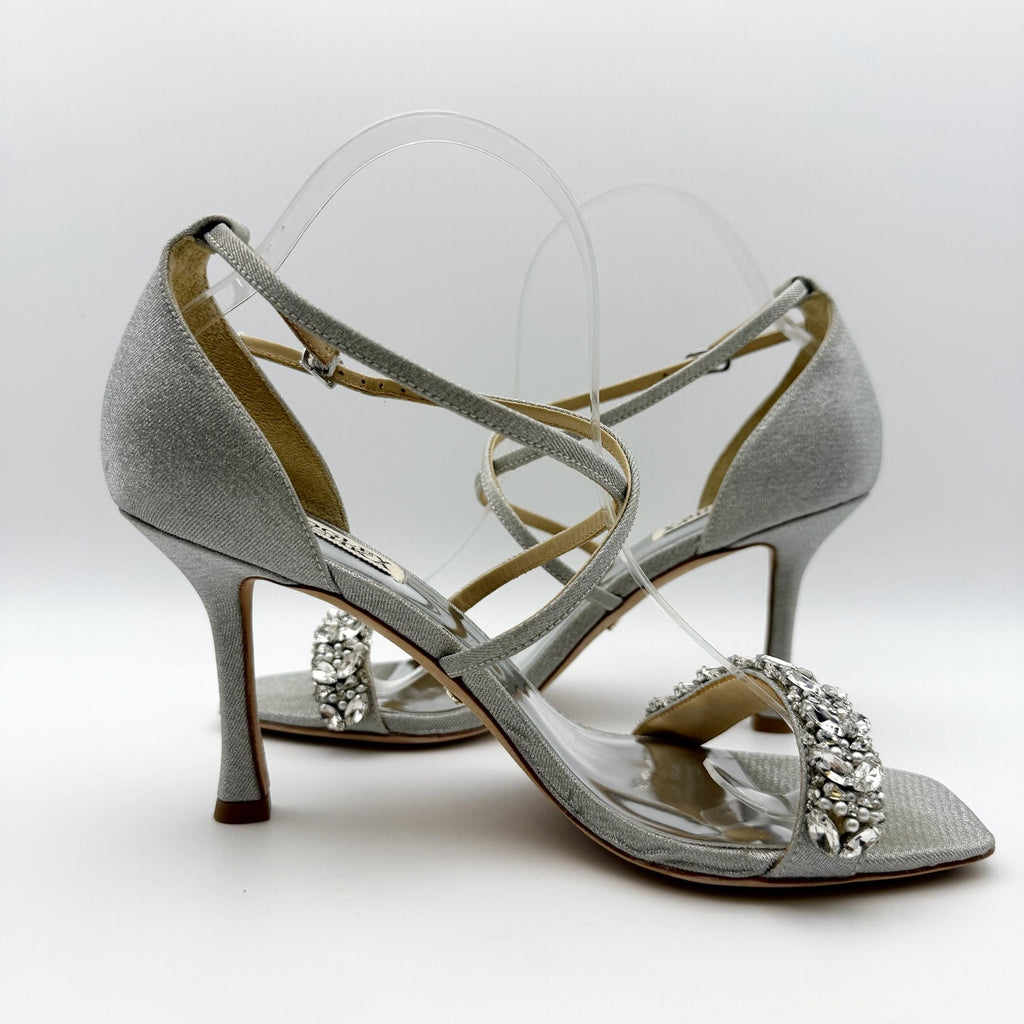 Badgley Mischka Womens Nala Glitter Strappy Heels Size 8 Silver Satin NWOB