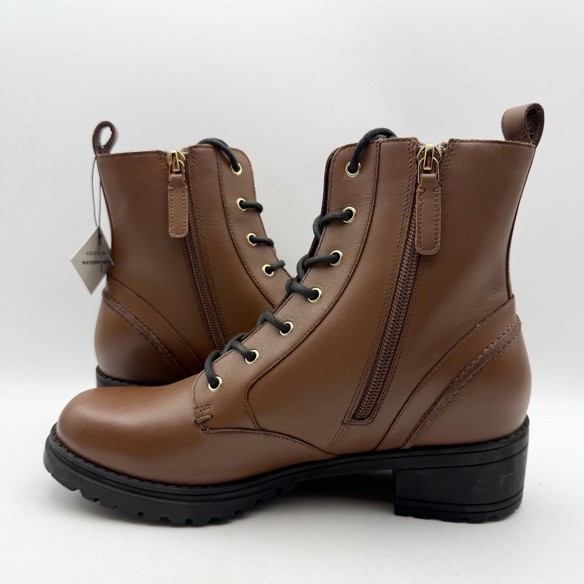 Cole Haan Womens Camea Combat Boots US 7 Brown Leather Zip Side Waterproof NWOB