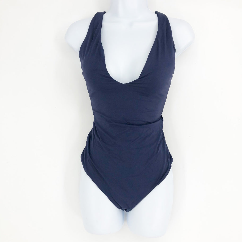 ANDIE SWIM Bali One Piece Swimsuit Medium Tall 8-10 Navy Blue Deep Plunge NWT
