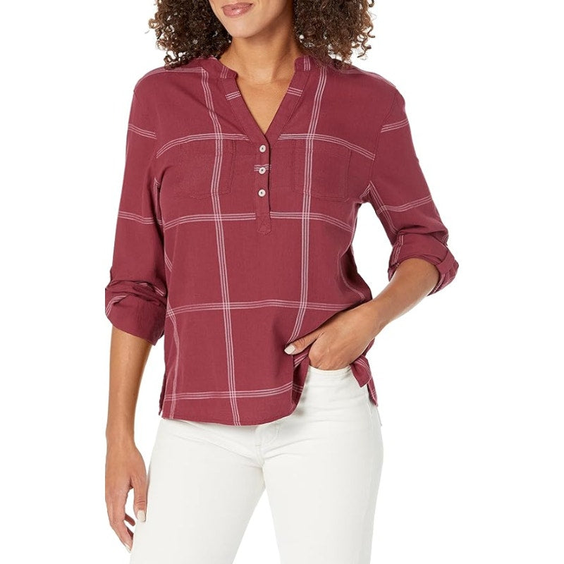 CARVE DESIGN Women's Dylan Twill Shirt XS Red Brick Windowpane V Neck NWT