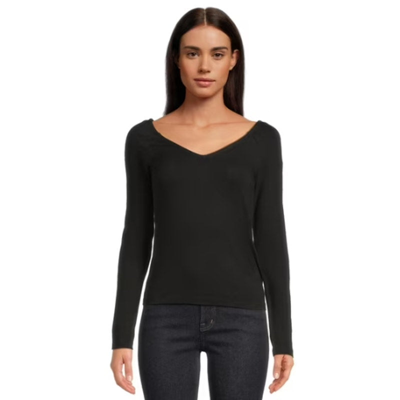 MADEWELL Women's Double V-Neck Top Small Jet Black Jersey Long Sleeve NT721 NWT