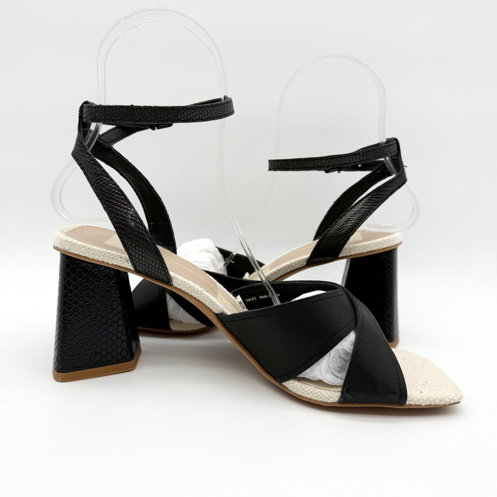 Dolce Vita Womens Tiki Heeled Sandals Size 8.5 M Black Embossed Leather NIB