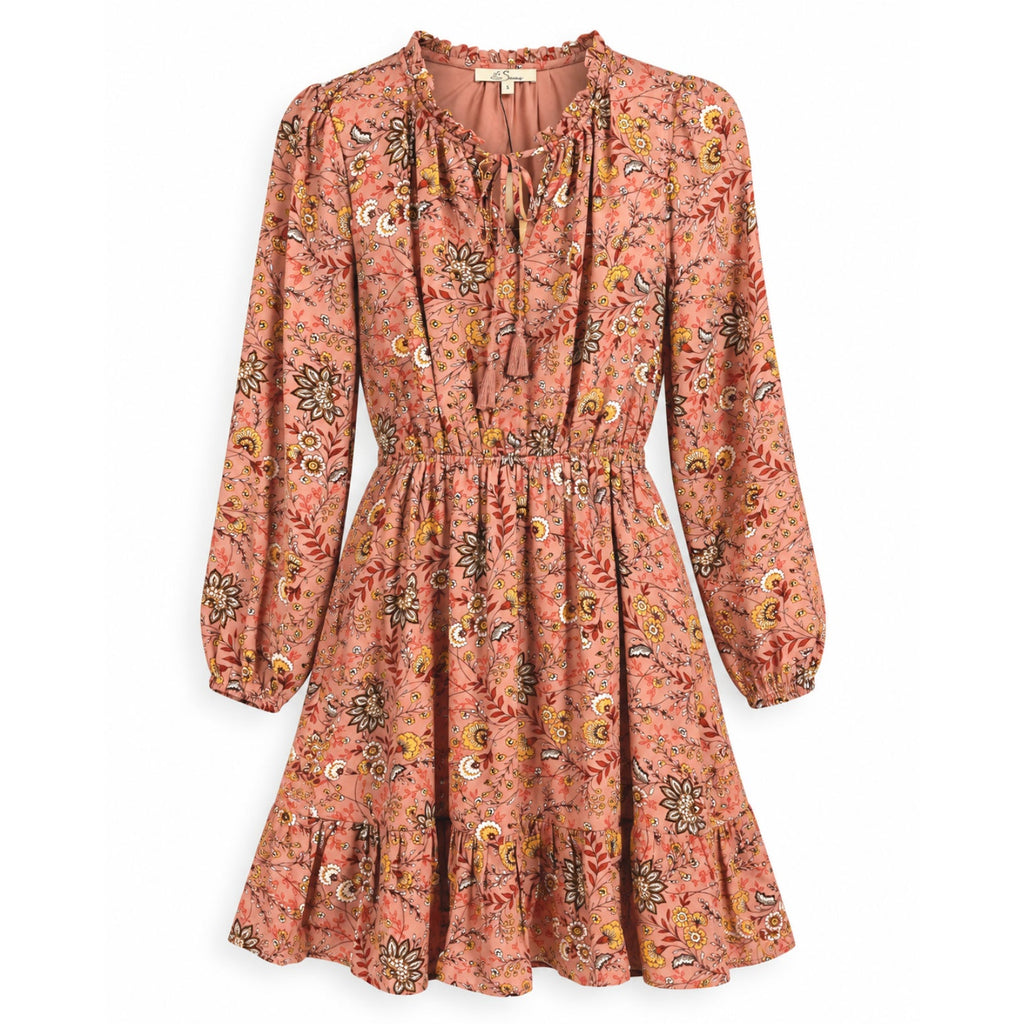 LES SEREIN Floral Long Sleeve Mini Dress Small Pink Multi Elastic Waist NWT