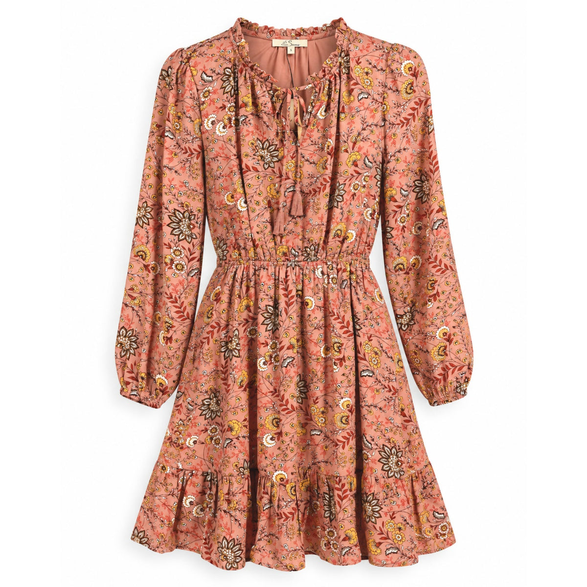 LES SEREIN Floral Long Sleeve Mini Dress Small Pink Multi Elastic Waist NWT