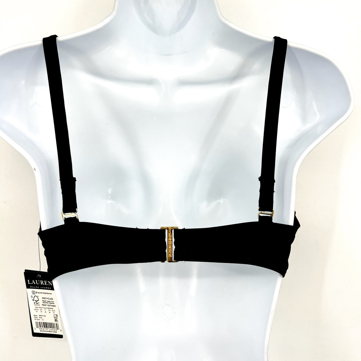 LAUREN RALPH LAUREN Women's Ring Triangle Bikini Top Size 14 Black NWT