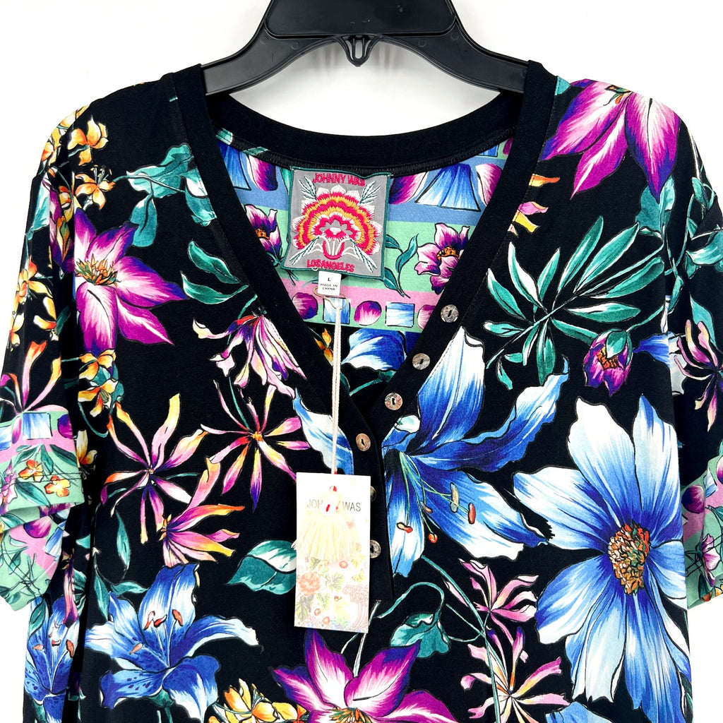 JOHNNY WAS The Janie Favorite Henley Tee Large Jumono Black Short Sleeve NWT