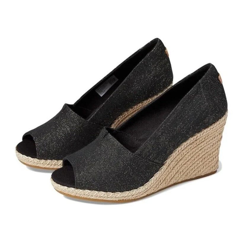 Toms Womens Michelle Wedge Sandals Size 8.5 EU 39 Black Cotton Espadrille NWOB