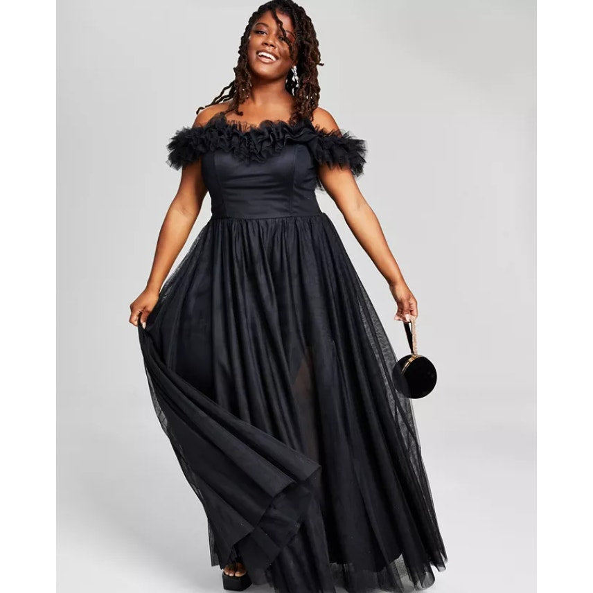 CITY STUDIOS Women's Ruffled Evening Gown 16W Plus Black Tulle Trim NWT