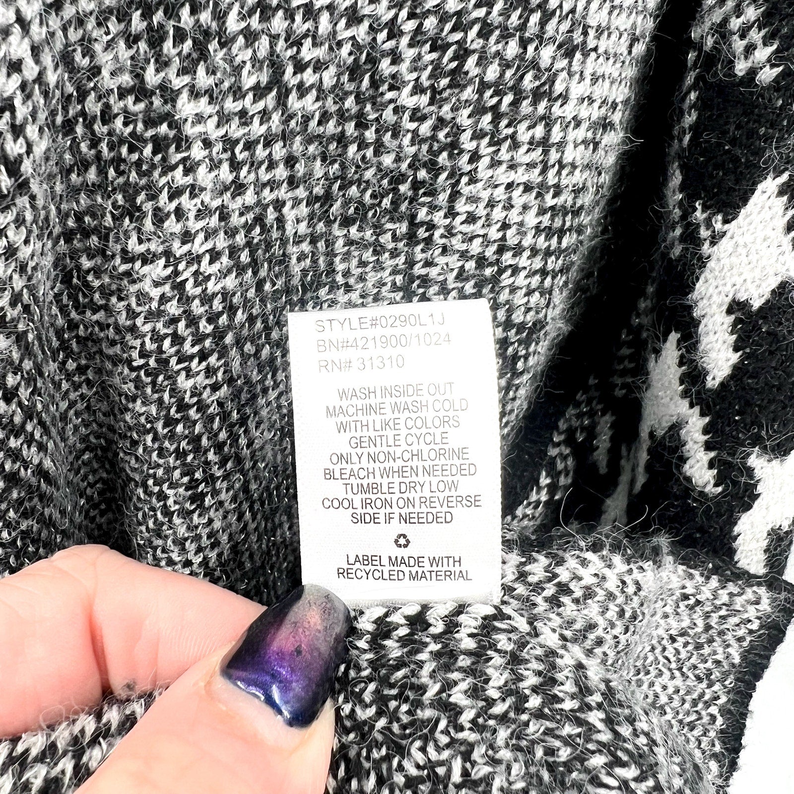 FORTUNE + IVY Women's Long Cardigan Sweater Small Black White Houndstooth NWOT