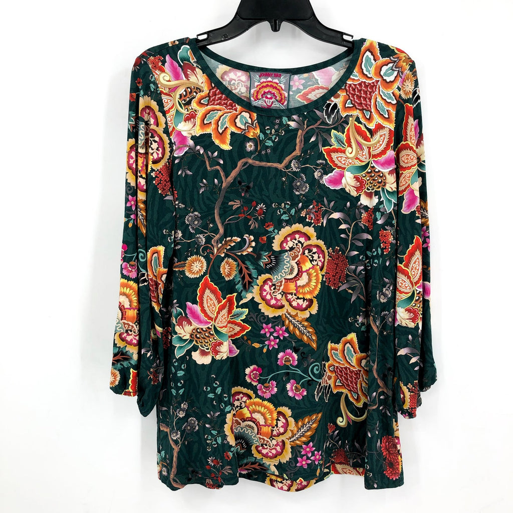 JOHNNY WAS The Janie Favorite Puff Sleeve Knit Tee Medium Green/Multi NWT