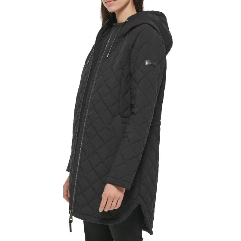 DKNY Womens Diamond Quilted Jacket XS Black Hooded Mid-Length NWT