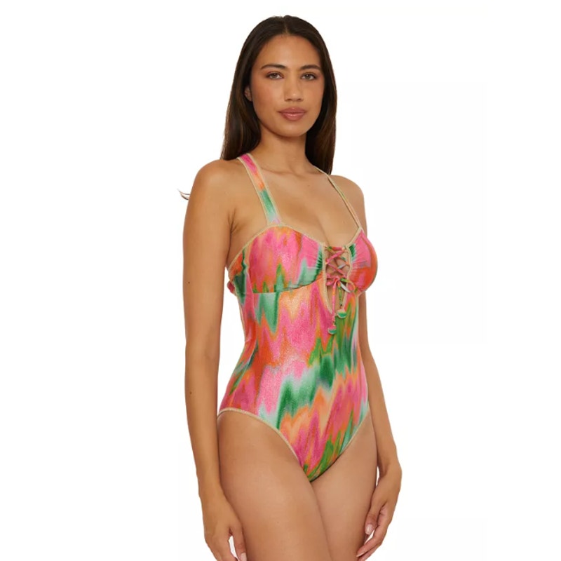 BECCA Women's Lace-Up One-Piece Swimsuit Large Pink Mirage Metallic NWT