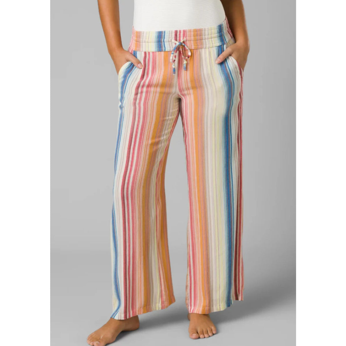 PRANA Women's Fernie Beach Pants Medium Gold Baja Stripe Wide Leg Mid Rise NWT