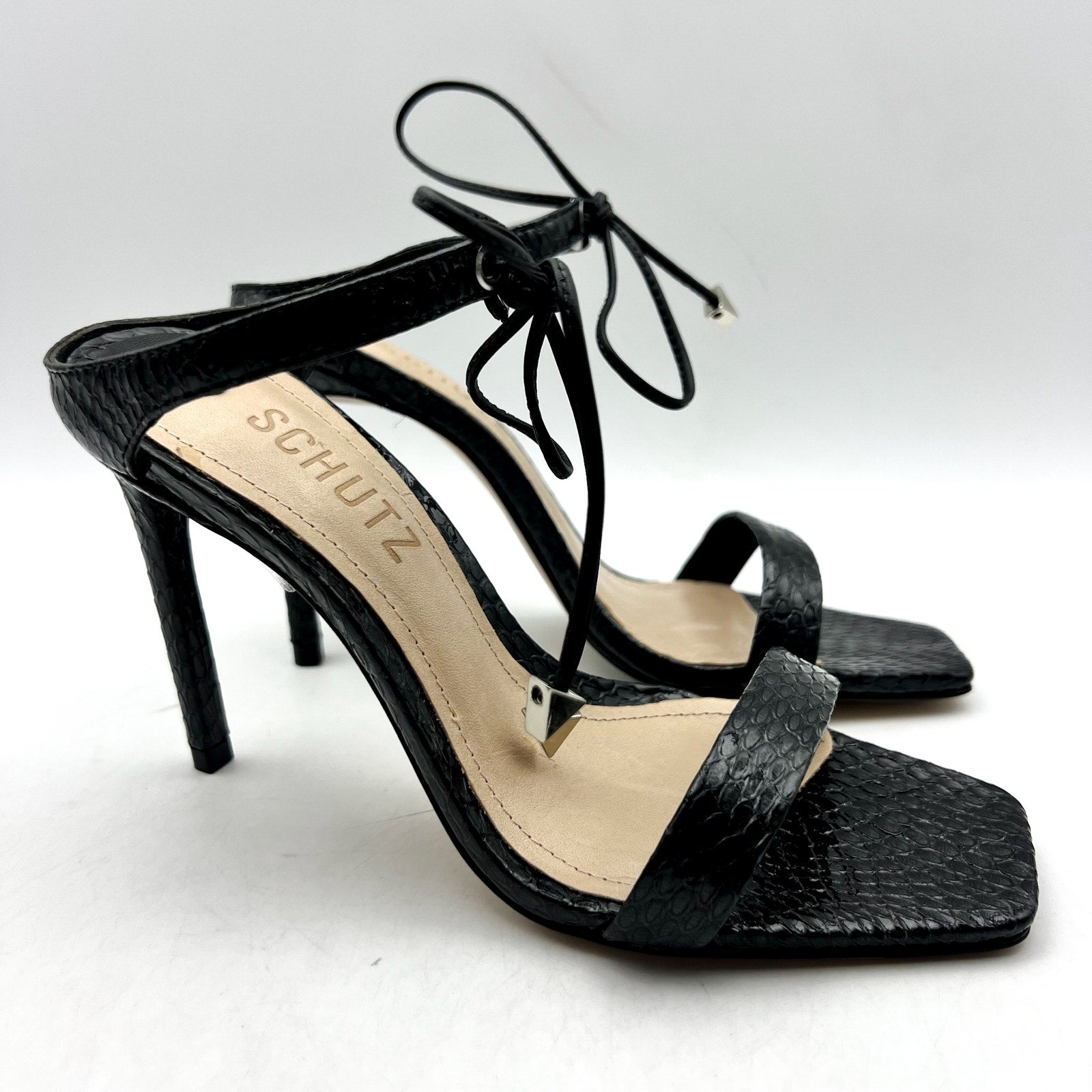 SCHUTZ Womens Mavis Heel Sandals Size 5.5 B Black Snake Shine Leather NIB