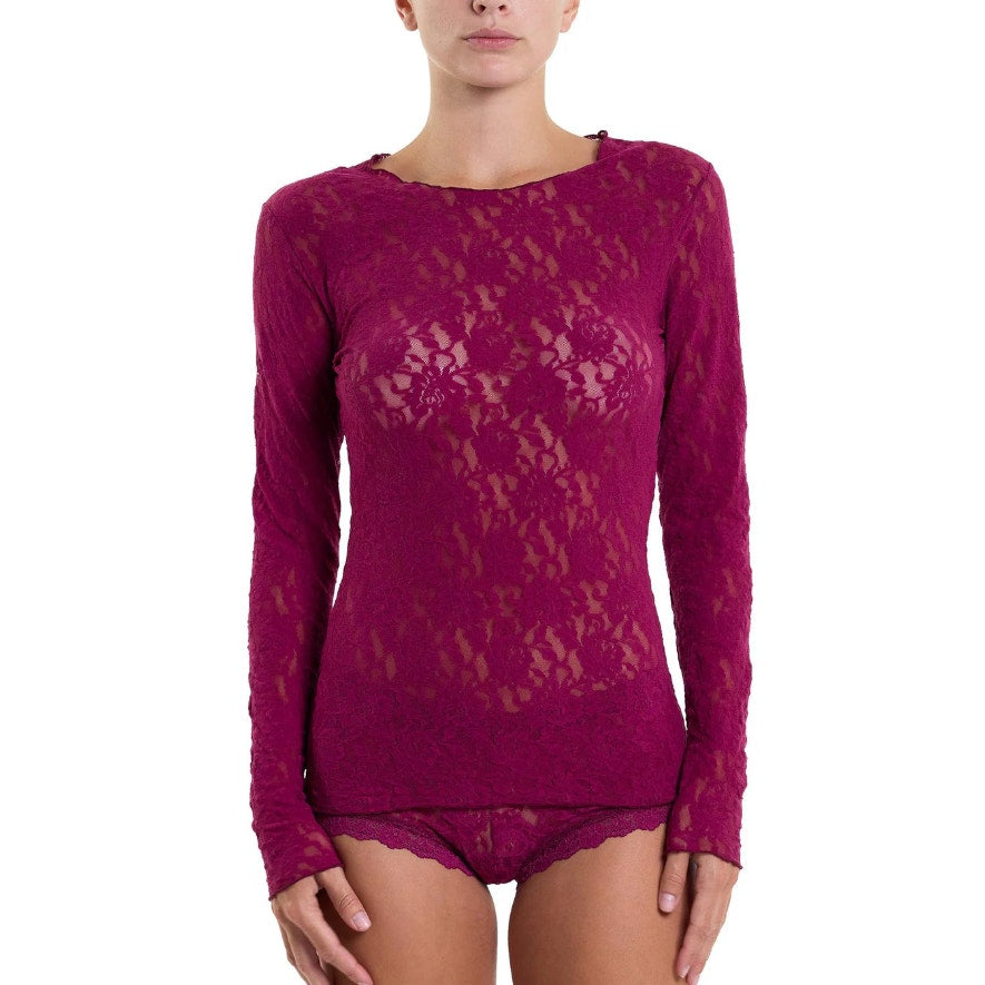 HANKY PANKY Women's Signature Lace Top Small Sugar Plum Unlined Long Sleeve NWT