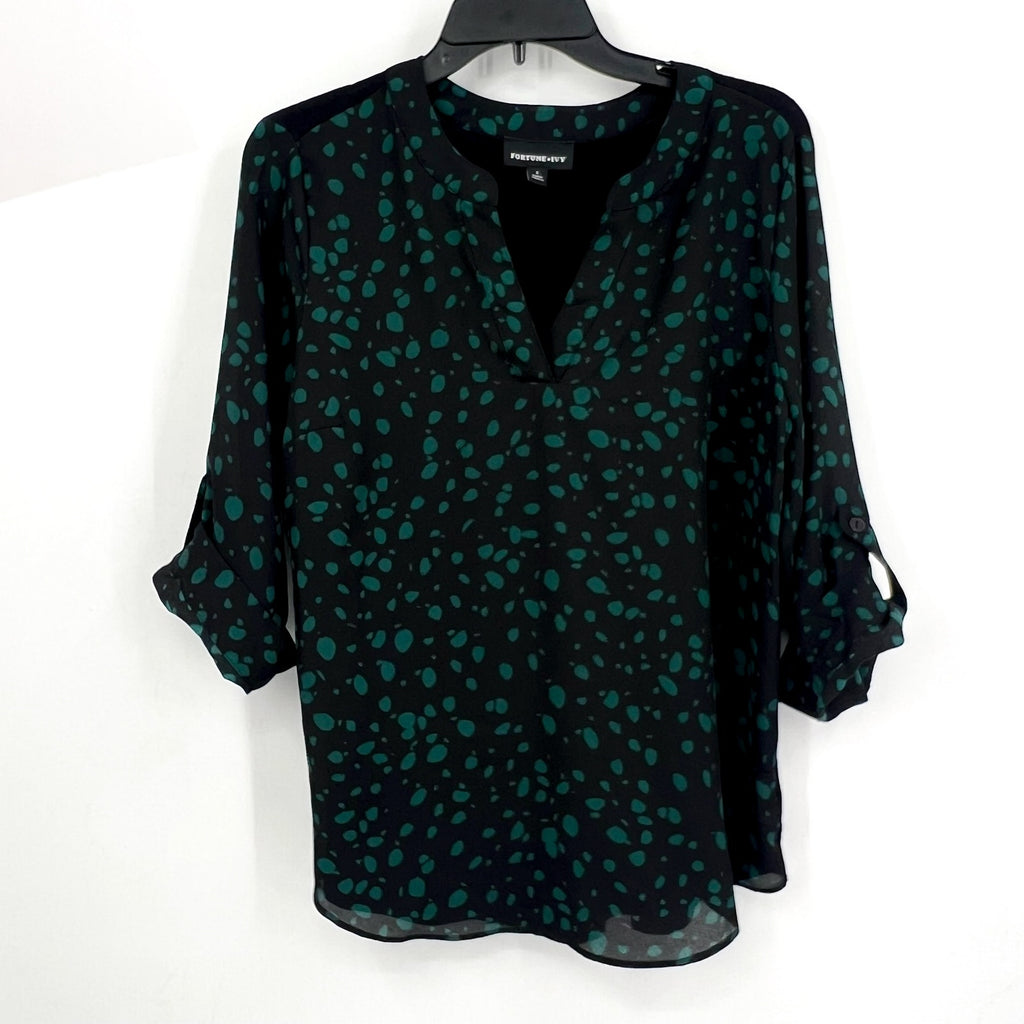 FORTUNE + IVY Womens Tulsa Mixed Material Blouse Small Black Green Abstract NWOT