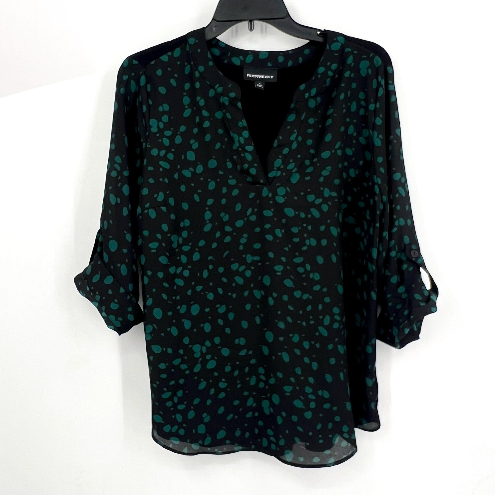 FORTUNE + IVY Womens Tulsa Mixed Material Blouse Small Black Green Abstract NWOT