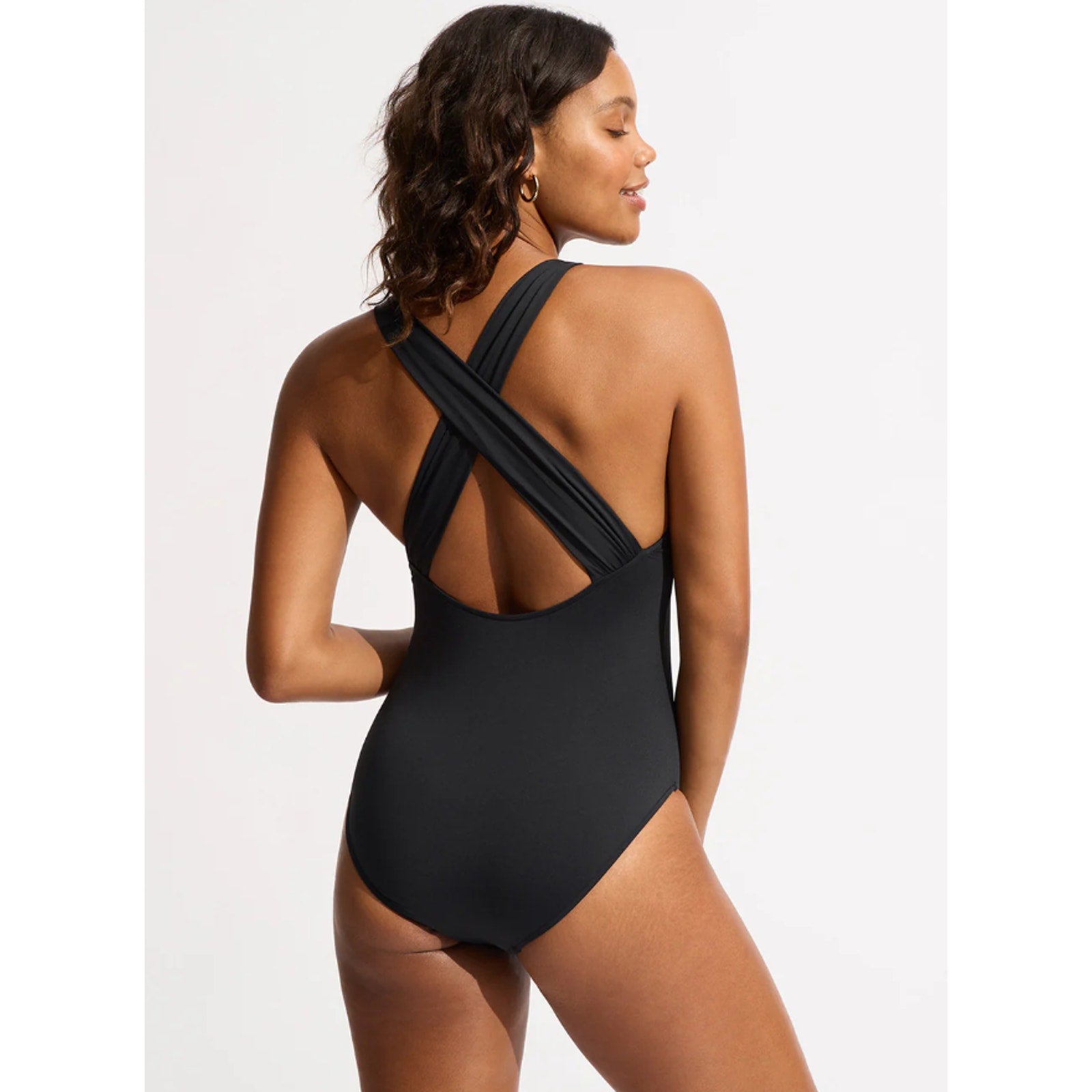 SEAFOLLY Collective Cross Back One Piece Swimsuit Size 8 Black High Neck NWT