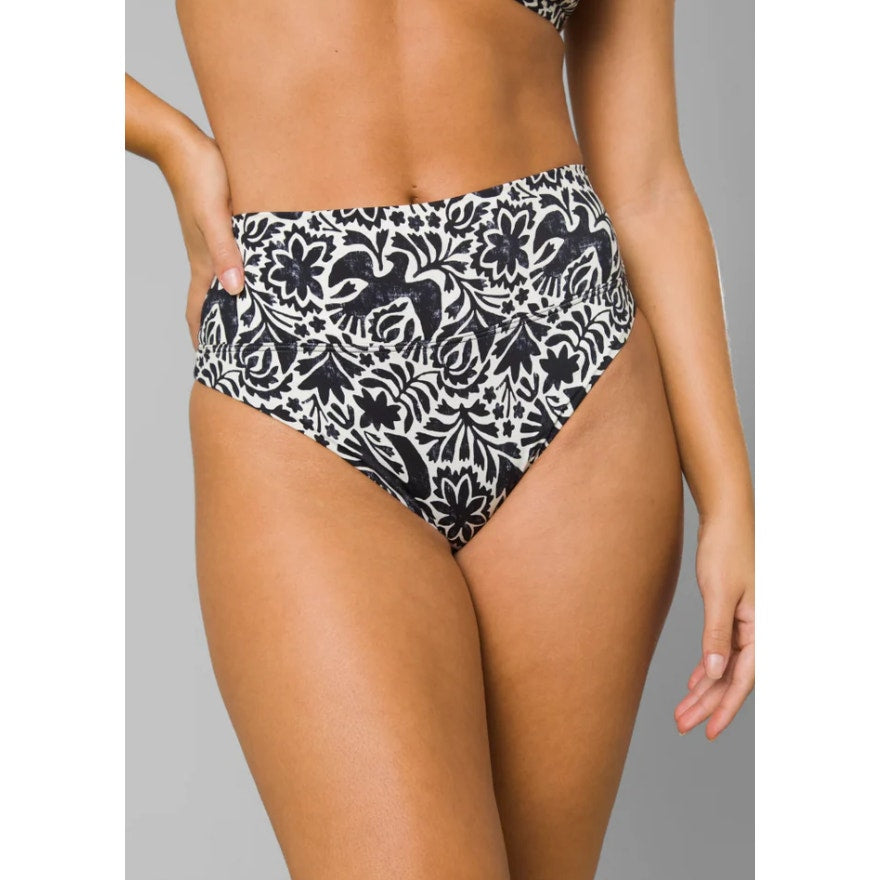 PRANA Women's Aurelia Bikini Bottom XL White Black Flora Fauna High Waist NWT