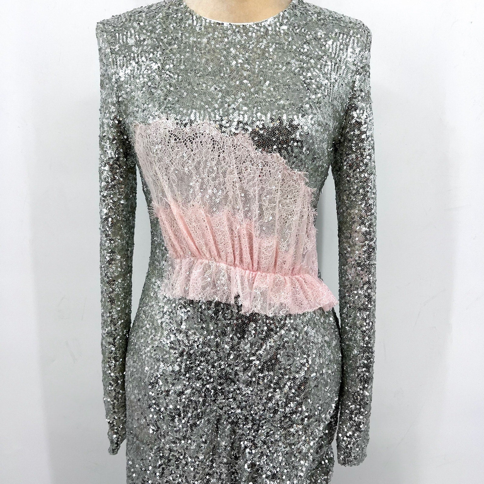 PREEN BY THORNTON BREGAZZI Welda Sequin Dress Medium Silver Long Sleeve NWOT