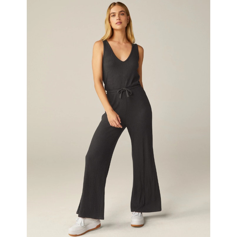 BEYOND YOGA Women's Jetsetter Wide Leg Jumpsuit Small Black Rib V Neck NWT