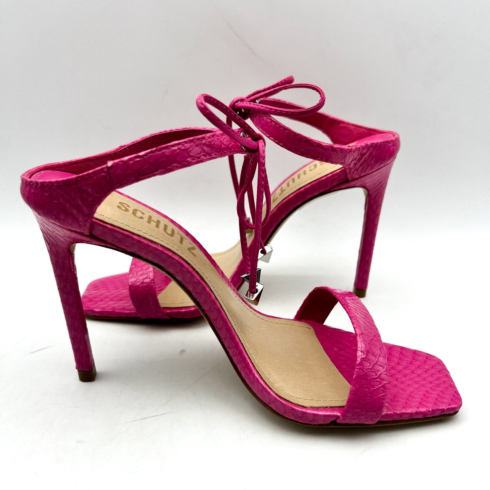 SCHUTZ Womens Mavis Heel Sandals Size 5.5 B Snake Shine Paradise Pink NIB