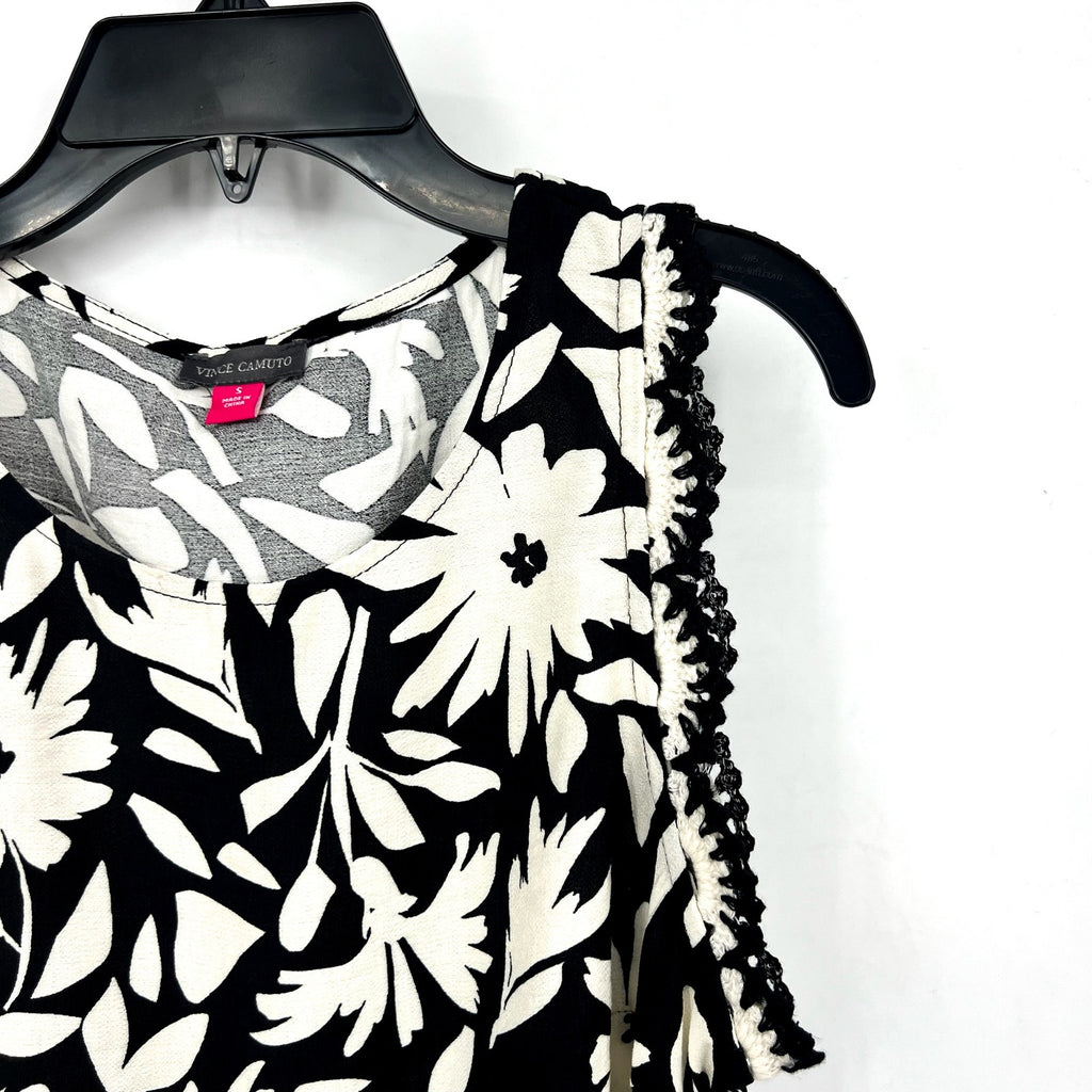 VINCE CAMUTO Women's Floral-Print Top Small Black White Crocheted-Trim NWT