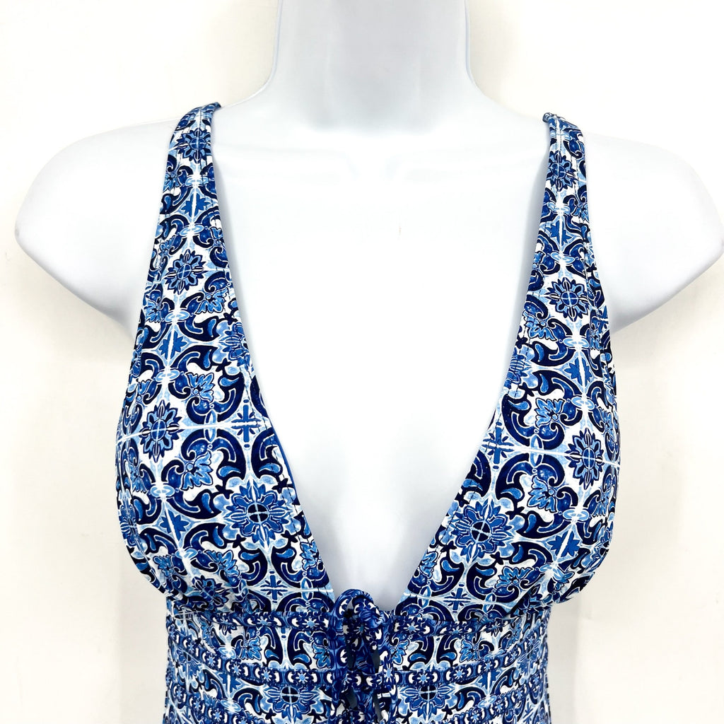 TOMMY BAHAMA Terrazzo Tile One-Piece Swimsuit Size 6 Palace Blue Tie-Front NWT