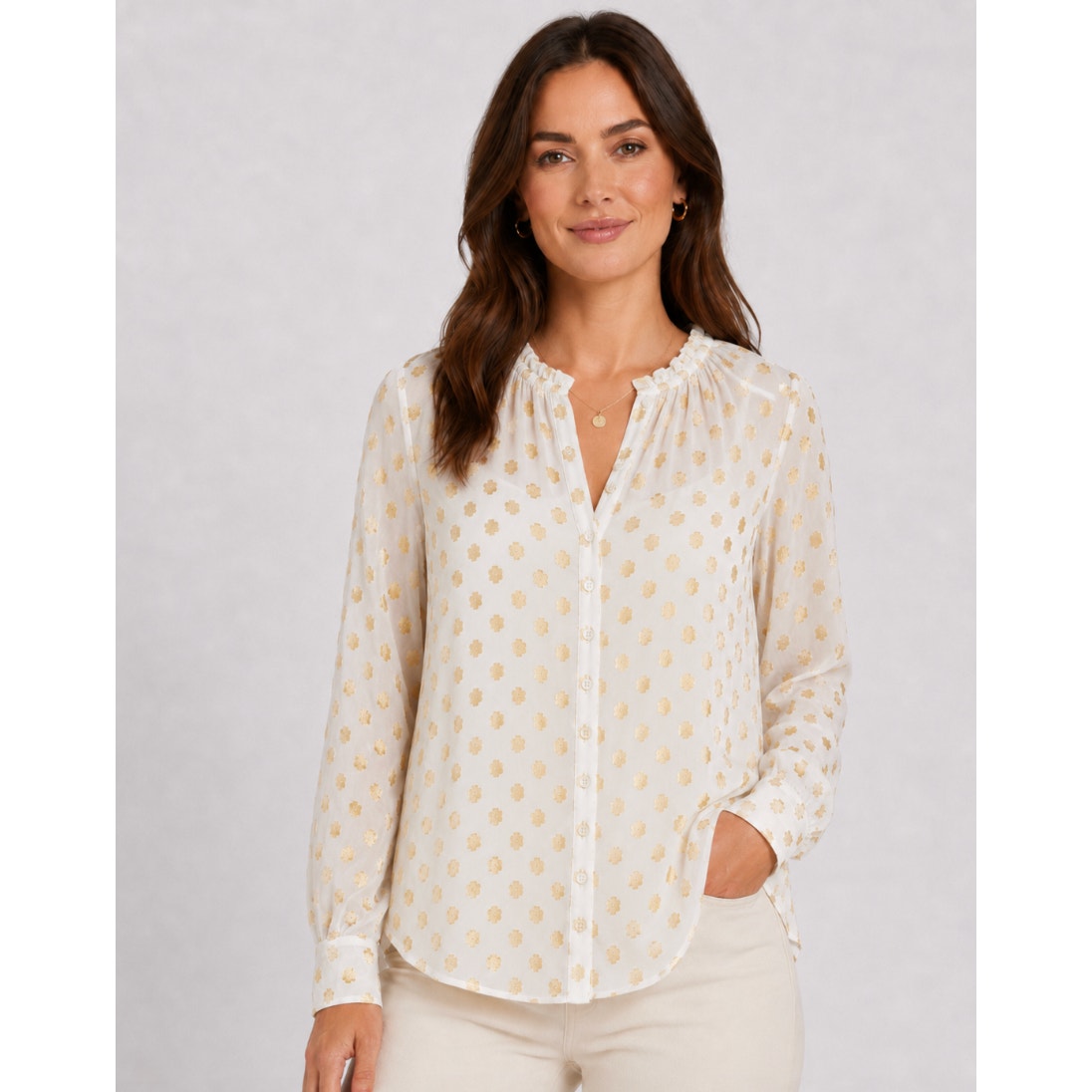 BOBEAU STITCH FIX Womens Metallic Print Blouse Small White Gold Dots Top NWOT