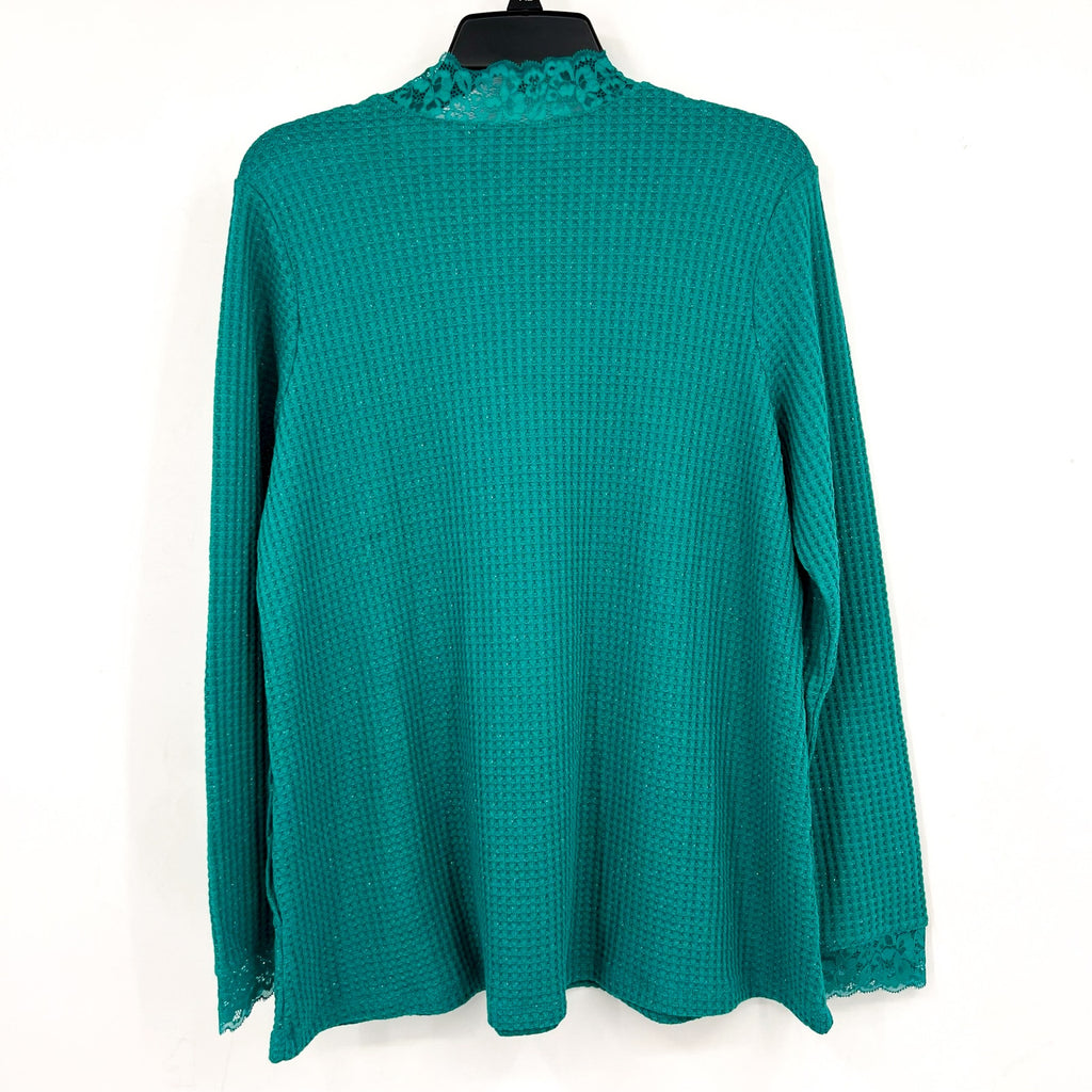 LOGO LORI GOLDSTEIN Metallic Waffle Knit Top Medium Blue Green Long Sleeve NWOT