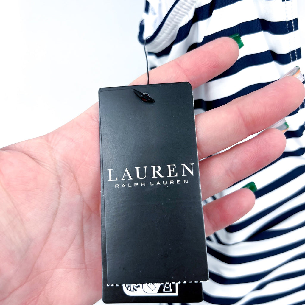 LAUREN RALPH LAUREN Luxe Stripe Laced Tank Swimsuit Size 12 Navy Blue White NWT